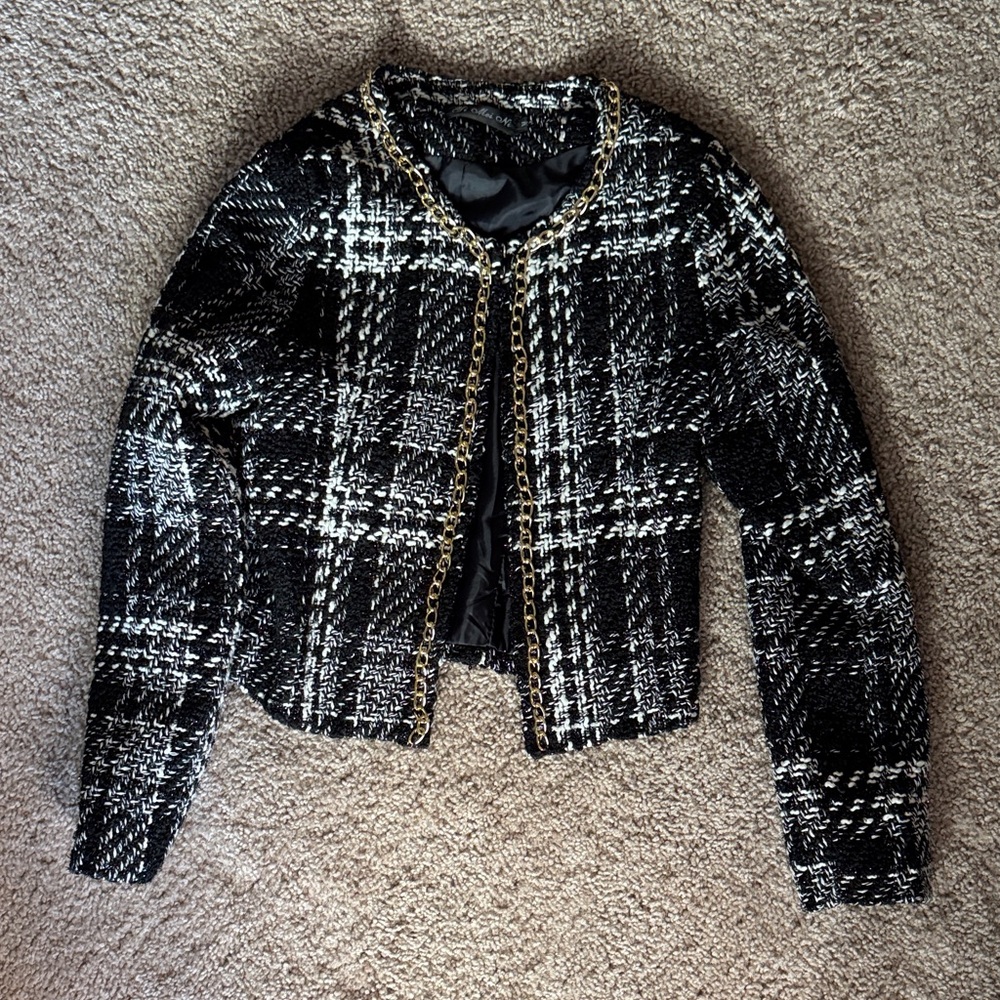 Elegant Black and White Plaid Women's Blazer